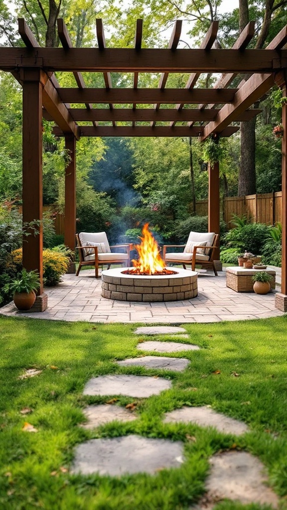 A cozy fire pit surrounded by a pergola and seating area in a lush garden.