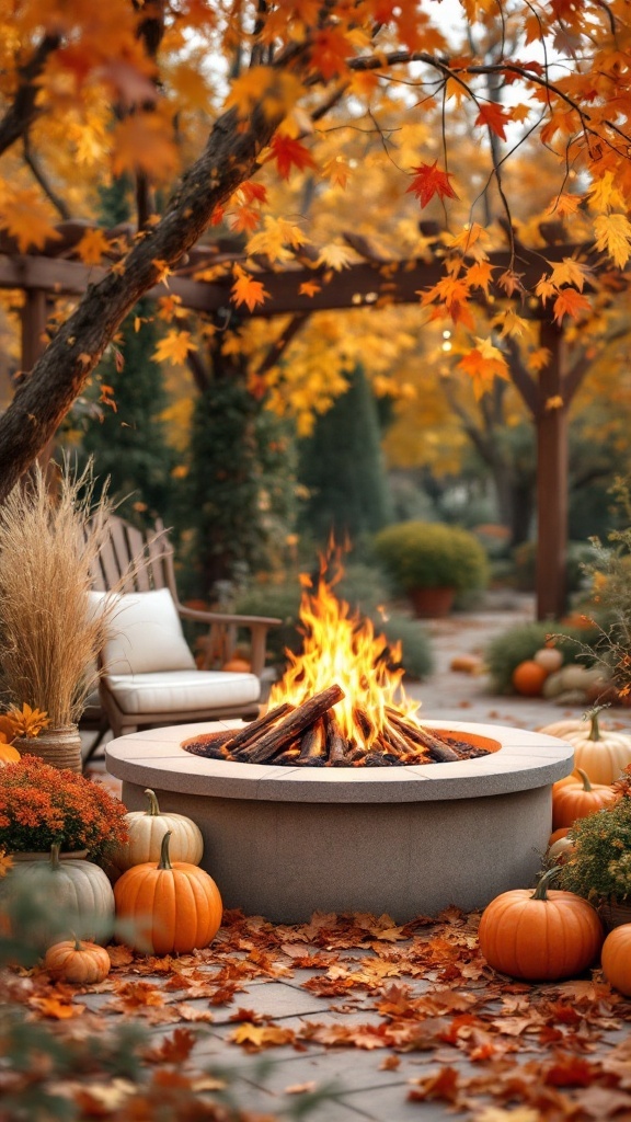 A cozy pergola with a fire pit surrounded by autumn leaves and pumpkins