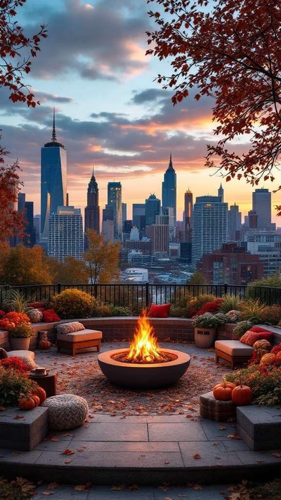 A cozy city fire pit area with pumpkins and autumn decorations, set against a city skyline at sunset.