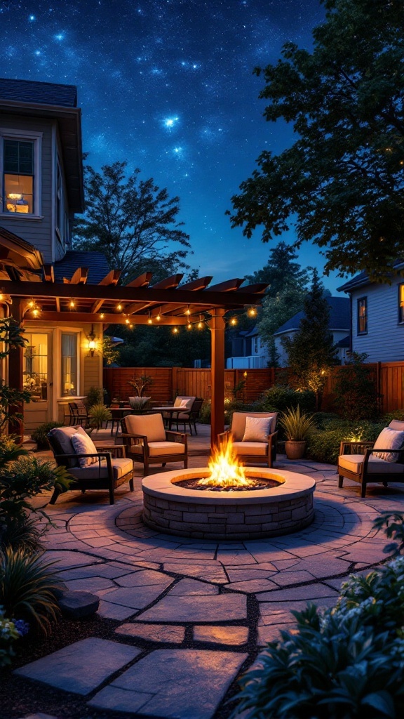 A cozy backyard scene featuring a pergola with string lights and a fire pit surrounded by seating.