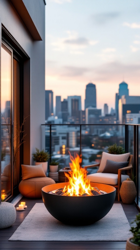 A modern minimalist fire pit on a balcony, surrounded by cozy seating and city skyline in the background.