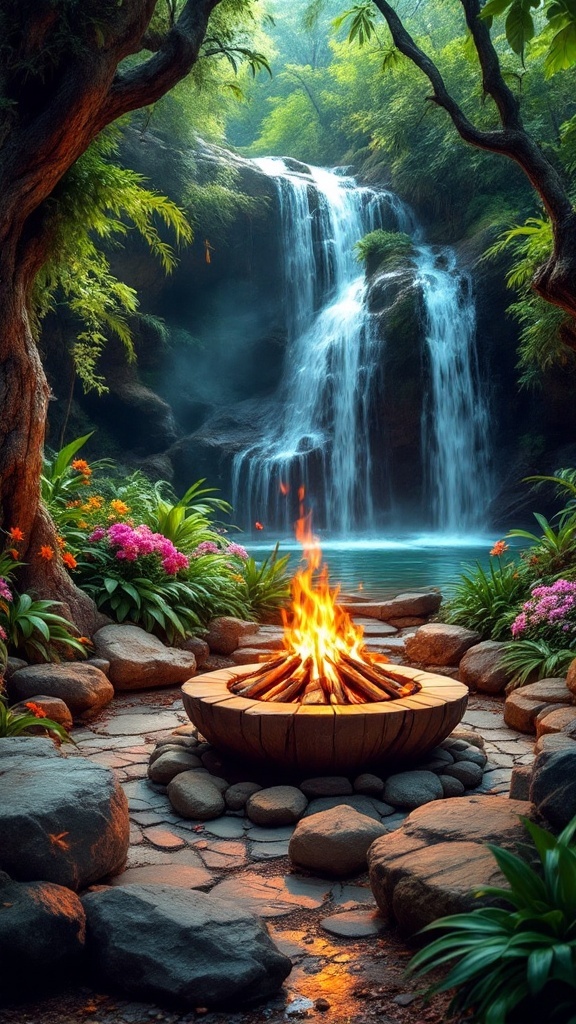 Cozy fire pit surrounded by stones and vibrant flowers with a waterfall in the background.