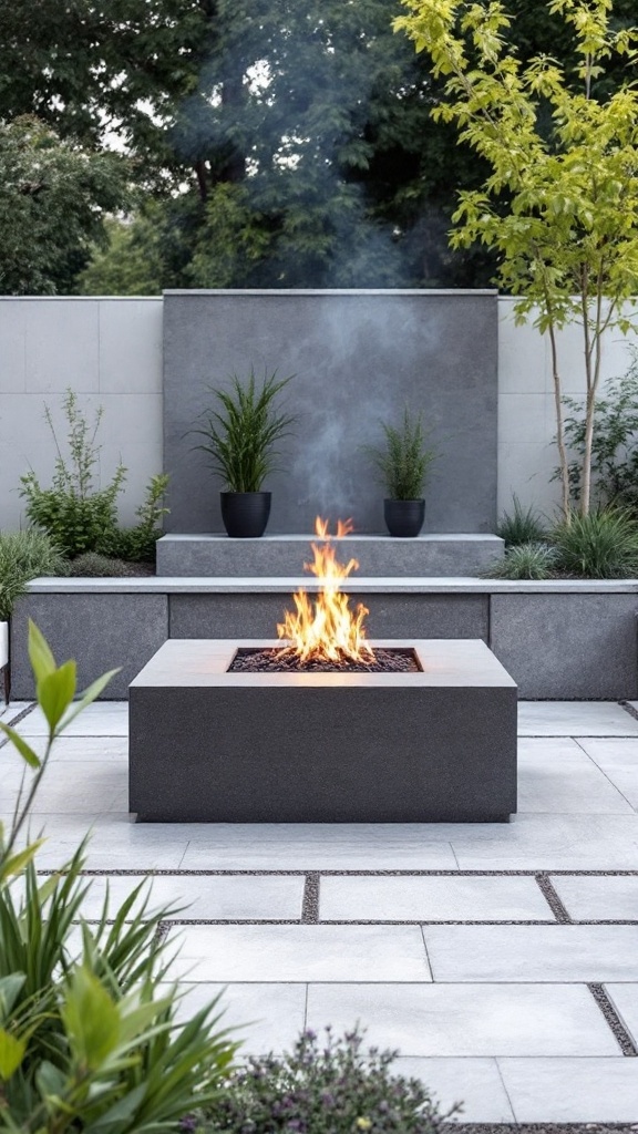 A modern minimalist built-in fire pit surrounded by greenery and stone seating.