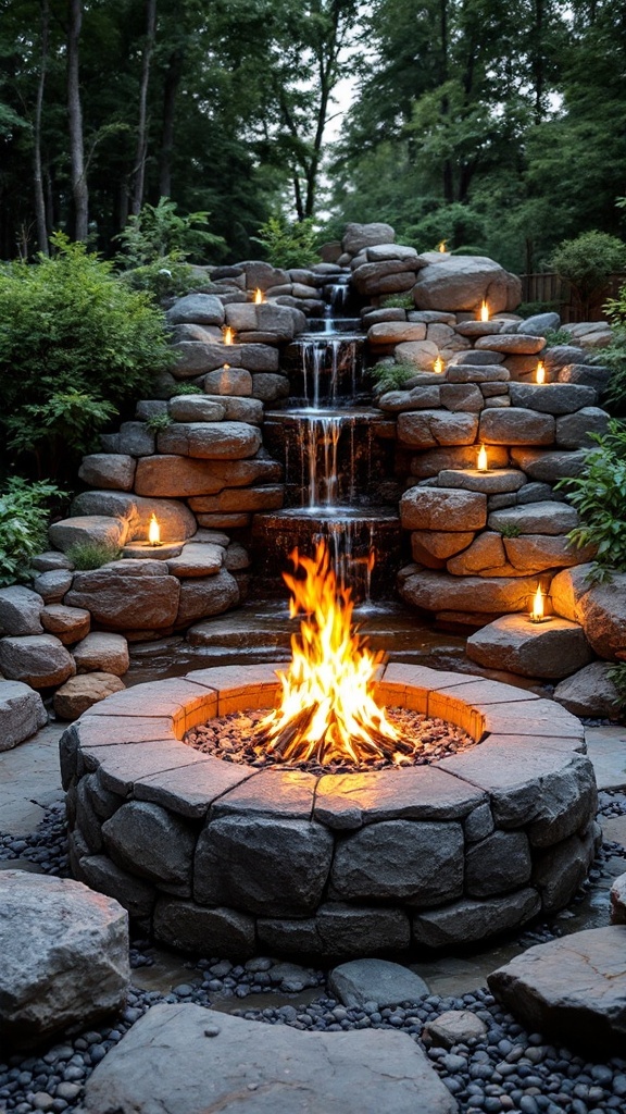 A custom stone fire pit surrounded by a waterfall, featuring calming water flow and soft lighting.