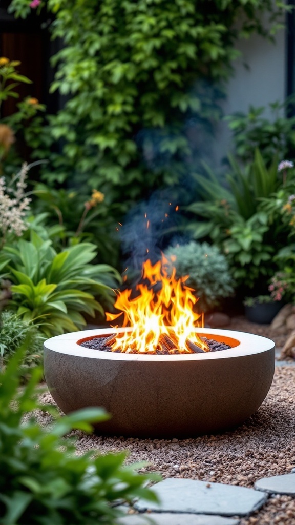Modern minimalist fire pit surrounded by greenery