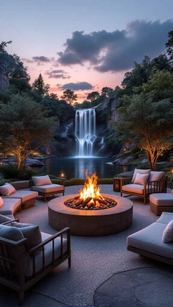 Elegant fire pit area with seating surrounded by a waterfall and ambient lighting