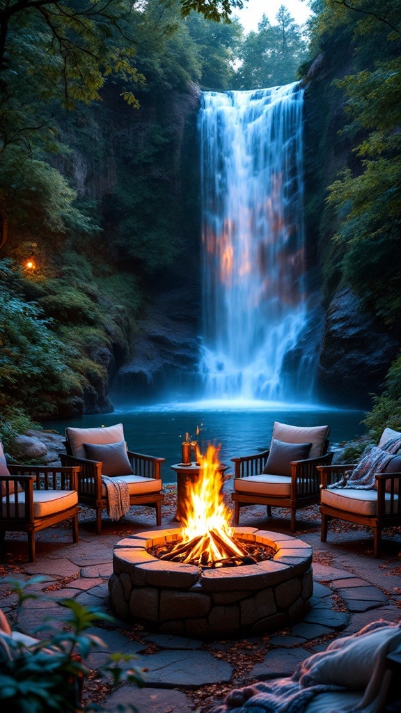 A cozy fire pit area set in front of a sparkling waterfall, surrounded by comfortable chairs and a beautiful natural landscape.