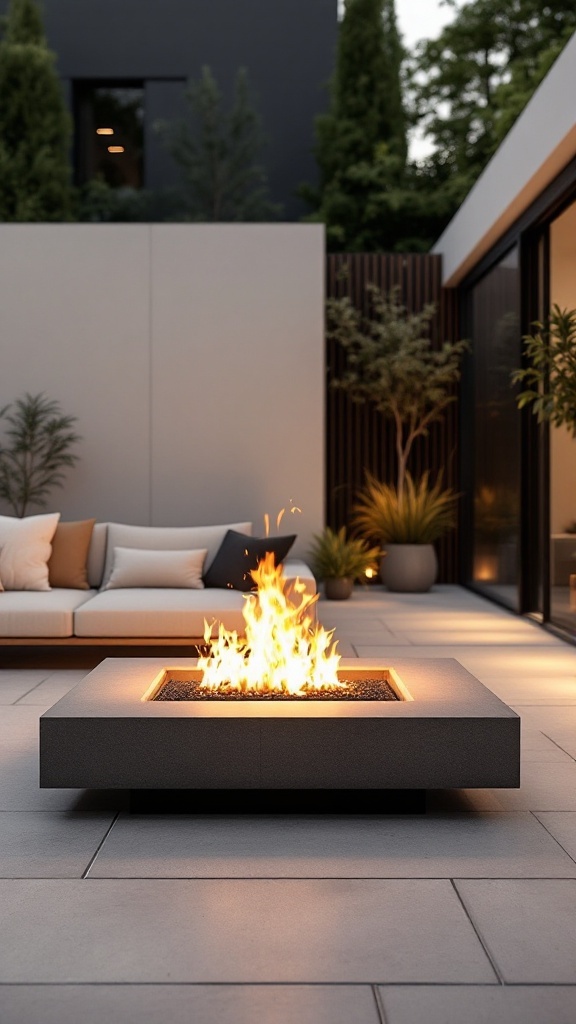 Modern minimalist fire pit surrounded by seating and plants