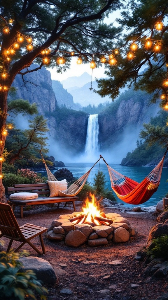 Cozy fire pit surrounded by hammocks and a beautiful waterfall in the background.