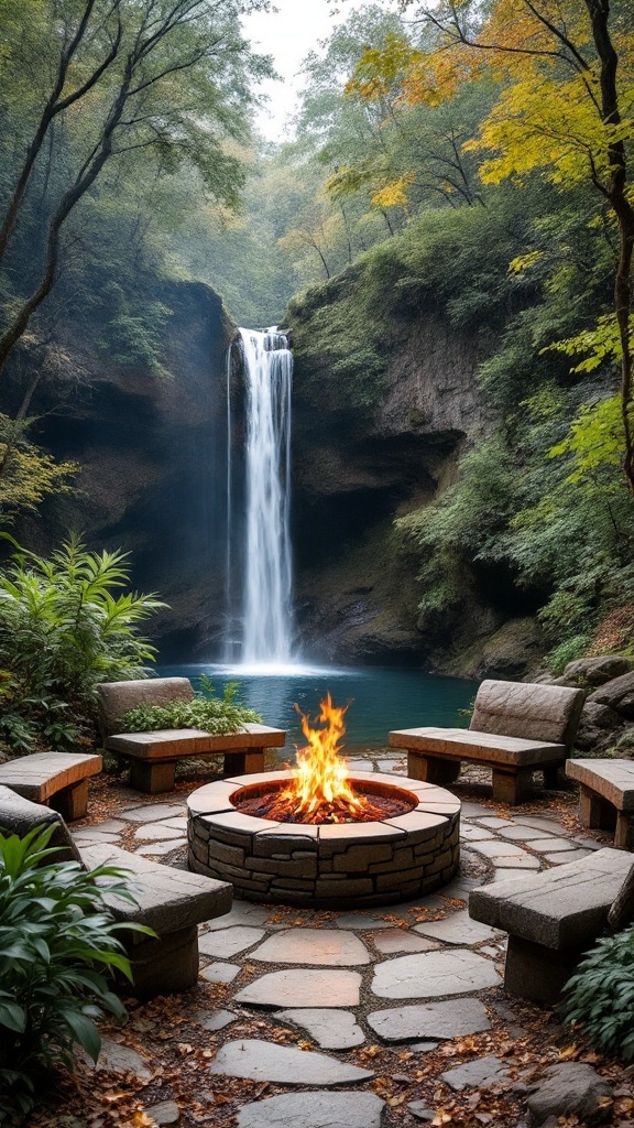 A cozy fire pit surrounded by natural stone seating near a waterfall, creating a tranquil outdoor space.