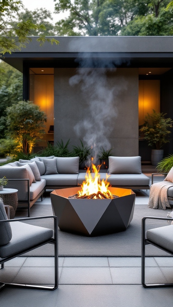 A modern geometric steel fire pit surrounded by comfortable seating in a minimalist outdoor setting