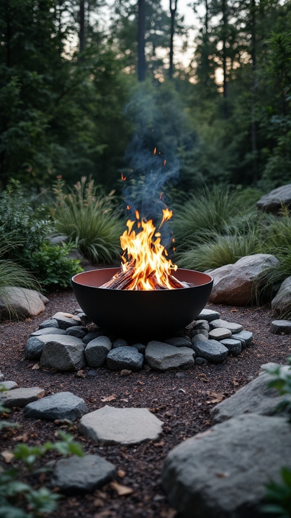 A modern minimalist fire pit surrounded by smooth stones and greenery in a forest setting.