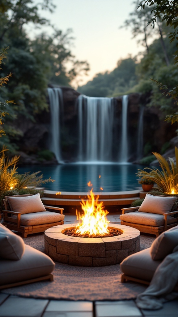 A cozy fire pit surrounded by comfortable seating, with a waterfall in the background and soft lighting.