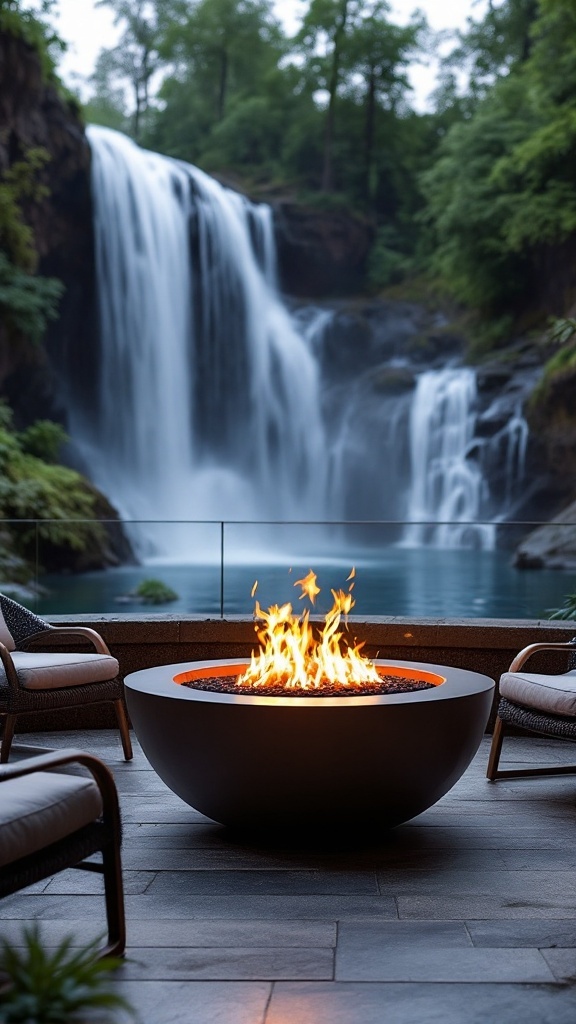 A modern metal fire pit in front of a scenic waterfall surrounded by chairs