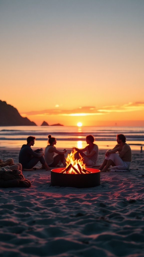 A group of friends sitting around a minimalist fire pit on the beach at sunset.