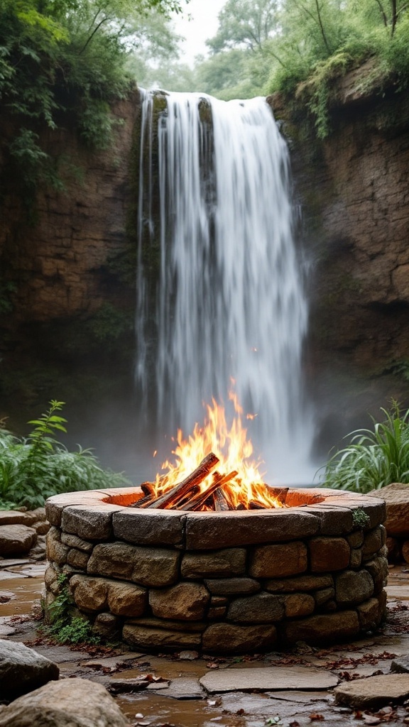 A rustic stone fire pit with flames in front of a waterfall.