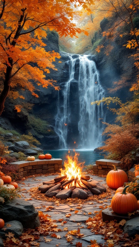 A cozy fire pit surrounded by pumpkins in front of a waterfall during autumn.