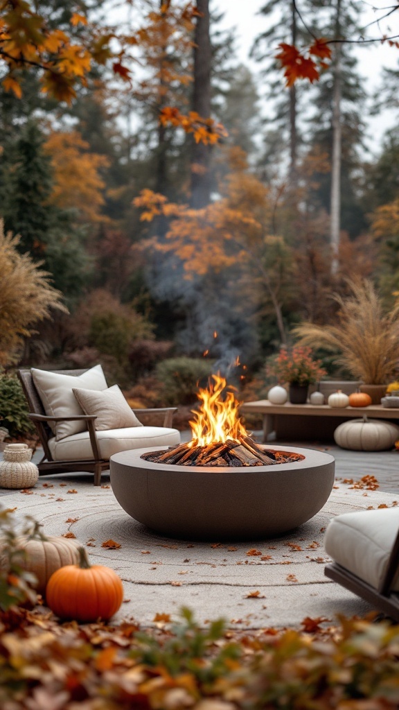 A modern minimalist fire pit surrounded by autumn decor, including pumpkins and fallen leaves.