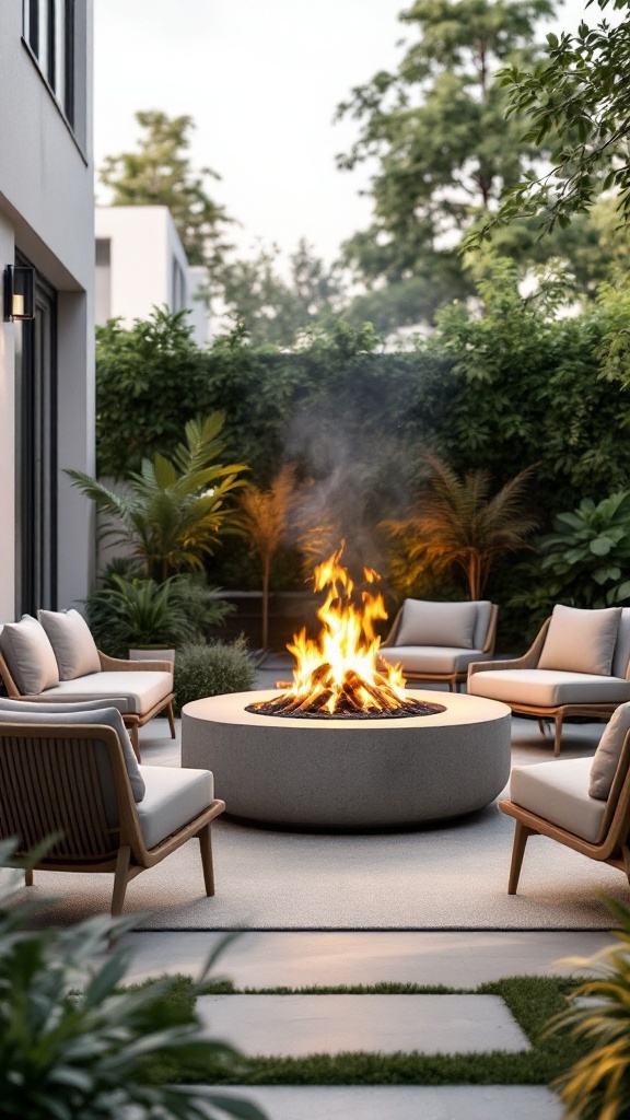 A modern concrete fire pit surrounded by comfortable chairs and lush greenery.