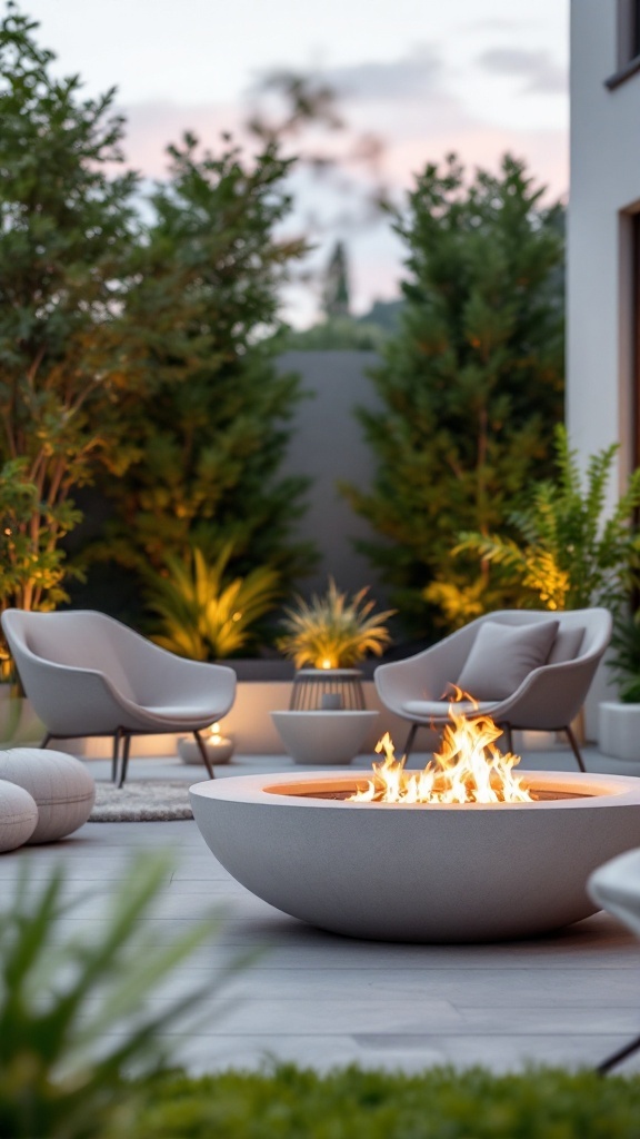A modern minimalist fire pit surrounded by greenery and outdoor seating, showcasing a cozy ambiance.