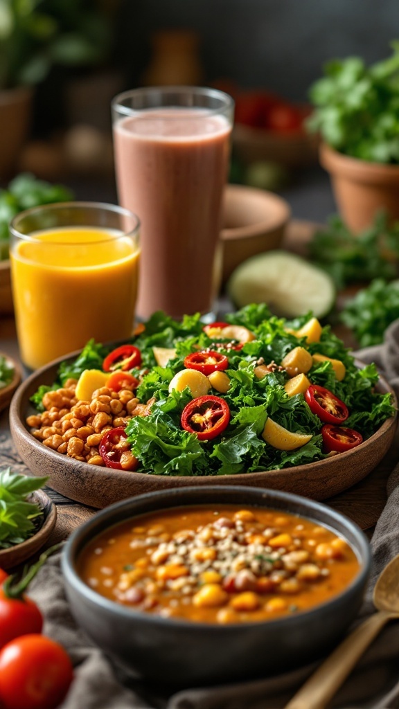 A colorful display of healthy foods including salads, soups, and smoothies.
