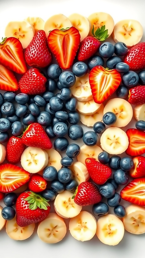 A vibrant fruit salad featuring strawberries, blueberries, and bananas arranged in a festive pattern.