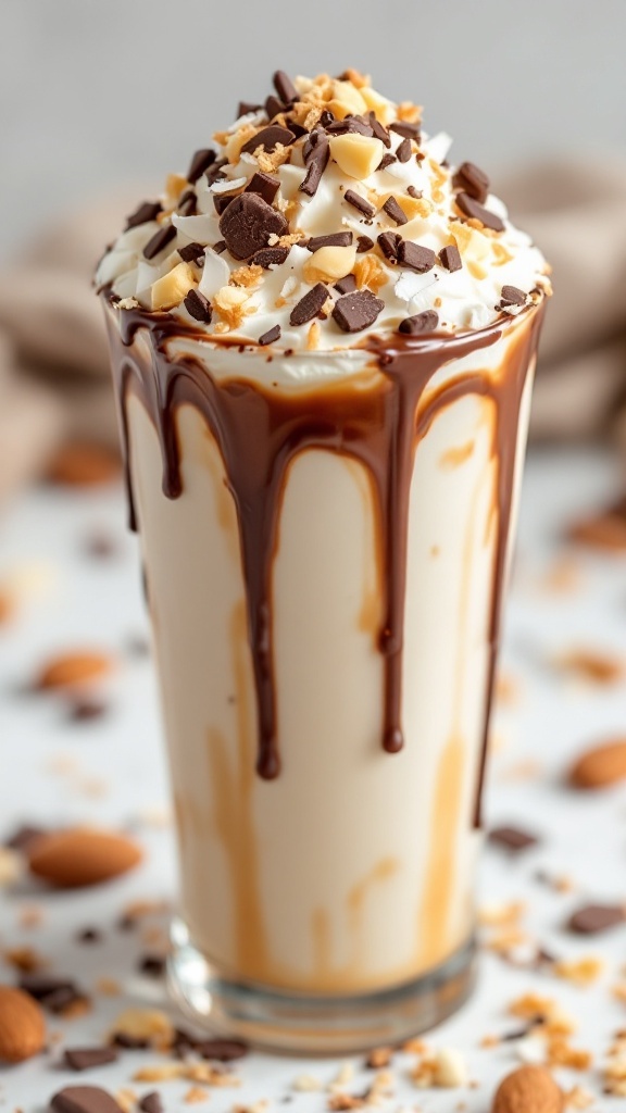 A delicious Almond Joy Cocktail topped with whipped cream and chocolate drizzle.
