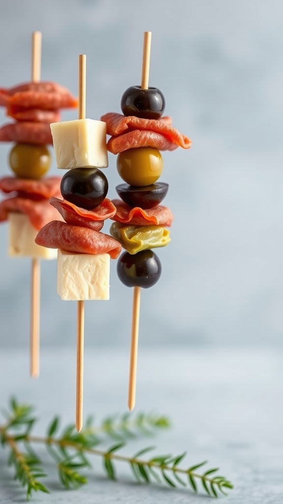 Antipasto skewers with meats, cheeses, and olives