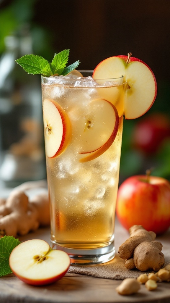 A refreshing Apple Ginger Fizz served in a tall glass with apple slices and mint.