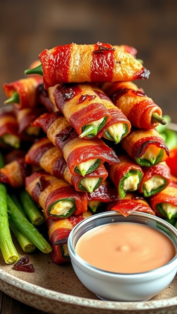 A plate of bacon-wrapped jalapeño poppers stacked with green onions and a dipping sauce.