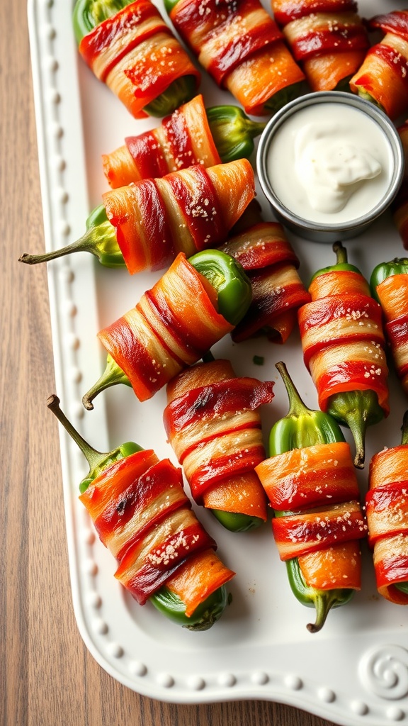 A plate of bacon-wrapped jalapeño poppers with a dipping sauce.