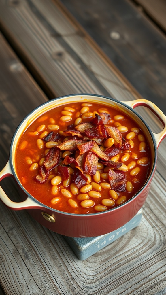 A pot of baked beans topped with crispy bacon on a wooden table.