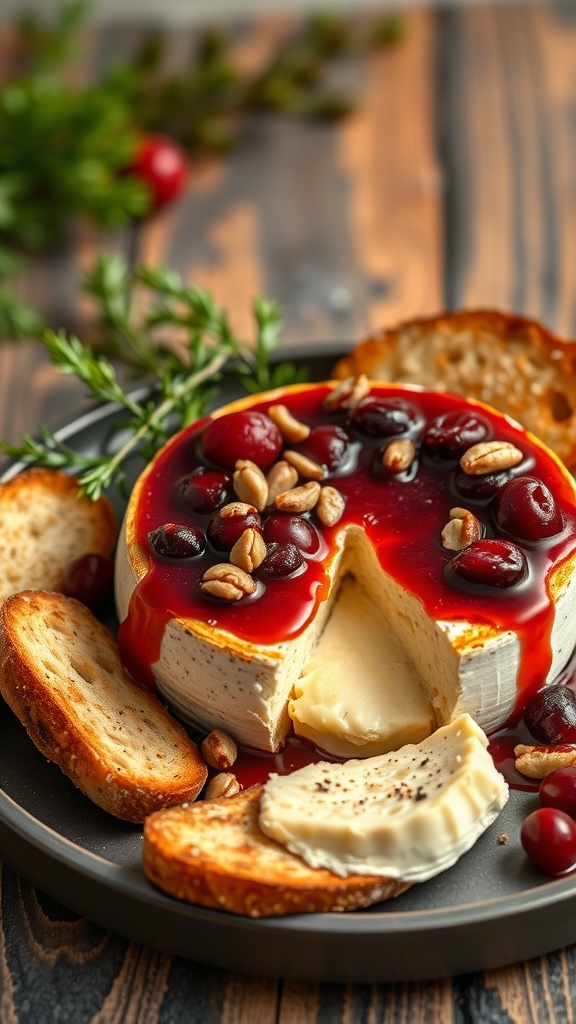 Baked Brie topped with cranberries and served with toast slices.