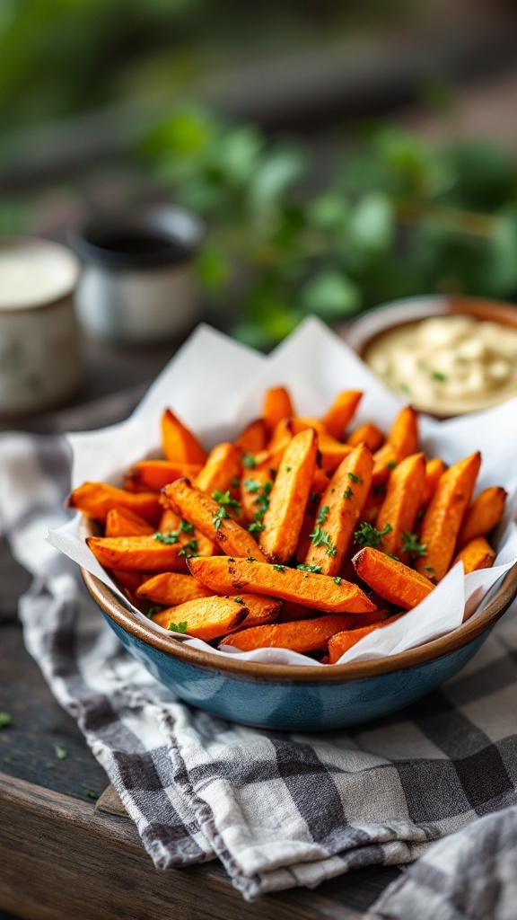 A bowl of baked sweet potato fries garnished with parsley, accompanied by a creamy garlic dip.