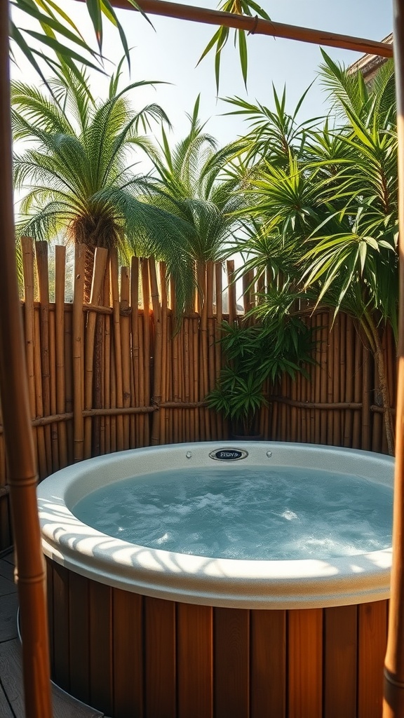 Bamboo fencing creates a private hot tub area surrounded by lush greenery.