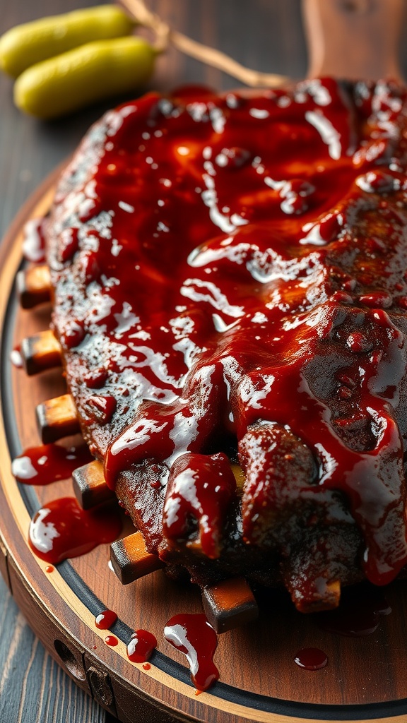 A close-up of barbecue ribs covered in sauce on a wooden platter.