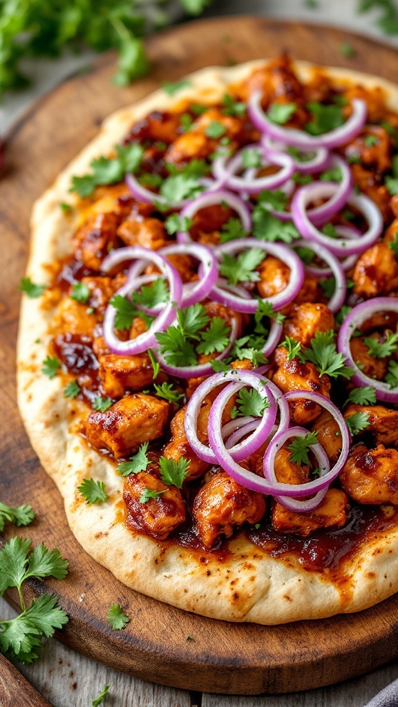 BBQ chicken flatbread topped with red onions and cilantro on a wooden board.