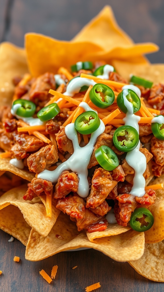 A plate of BBQ chicken nachos topped with jalapeños and sour cream.
