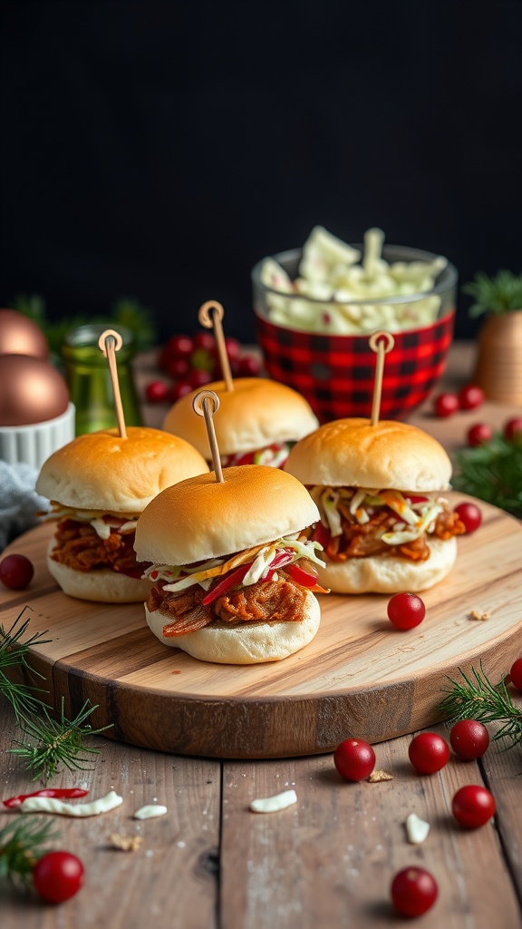 BBQ pulled pork sliders on a wooden platter with red and green decorations.