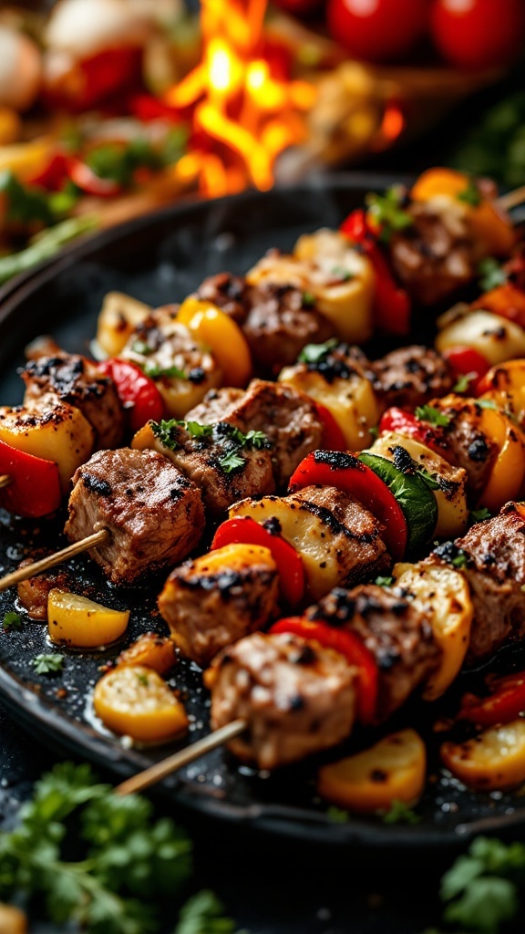 Grilled beef and vegetable kebabs on skewers with vibrant bell peppers and cherry tomatoes.
