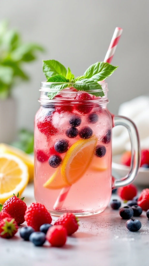 A refreshing berry basil lemonade with raspberries, blueberries, basil leaves, and lemon slices in a mason jar.