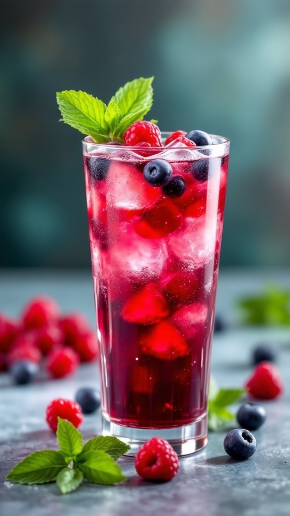 A tall glass of Berry Hibiscus Iced Tea with raspberries, blueberries, and mint leaves.