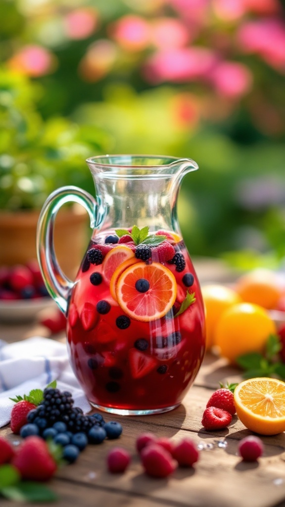 A pitcher of Berry Sangria filled with fresh raspberries, blueberries, and orange slices on a wooden table.