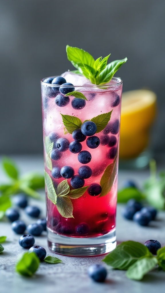 A refreshing Blueberry Basil Smash mocktail with blueberries and basil leaves in a glass.