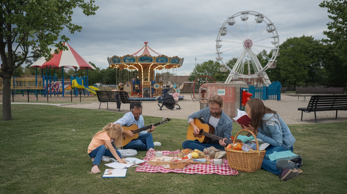 A family enjoying a picnic in a park with amusement rides in the background.
