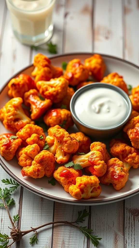 A plate of buffalo cauliflower bites served with a creamy dip.