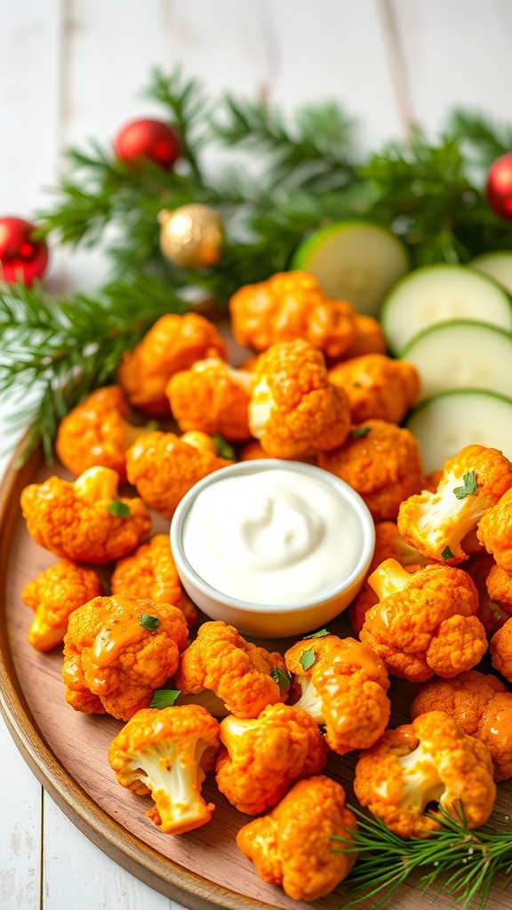 A platter of buffalo cauliflower bites with a dipping sauce, garnished with green herbs.