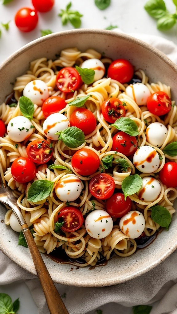 A bowl of Caprese pasta salad featuring pasta, cherry tomatoes, mozzarella balls, and fresh basil.