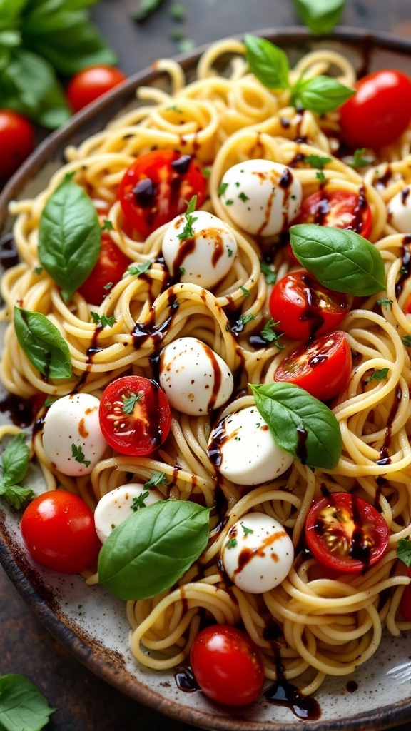 A vibrant plate of Caprese pasta salad with cherry tomatoes, mozzarella, fresh basil, and balsamic glaze.