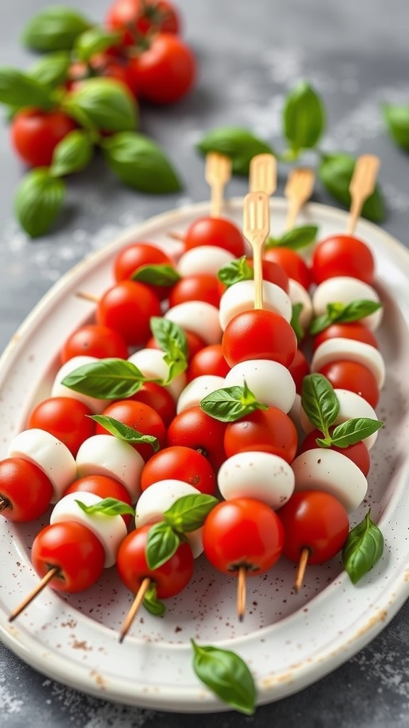 Caprese salad skewers with mozzarella, tomatoes, and basil on a plate